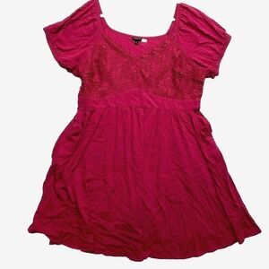 Torrid Dress Womens 2X Red Balloon Sleeve Mini Rayon Slub $79 Lace Inset